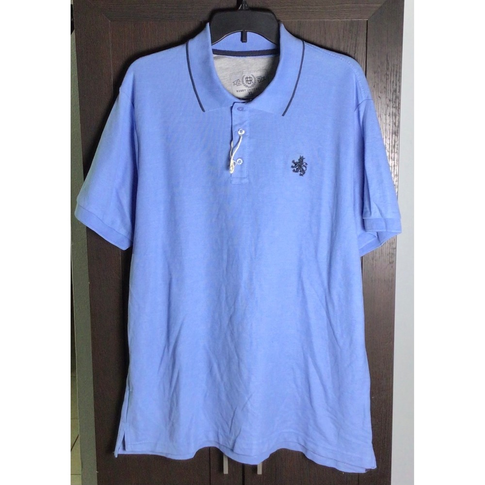 Rugby University Mens XL Blue Pique Polo Shirt  Lion Crest Logo Preppy